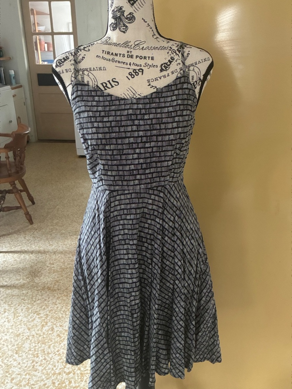 Old Navy Spaghetti Strap Black and White Patterned Fit & Flare Dress